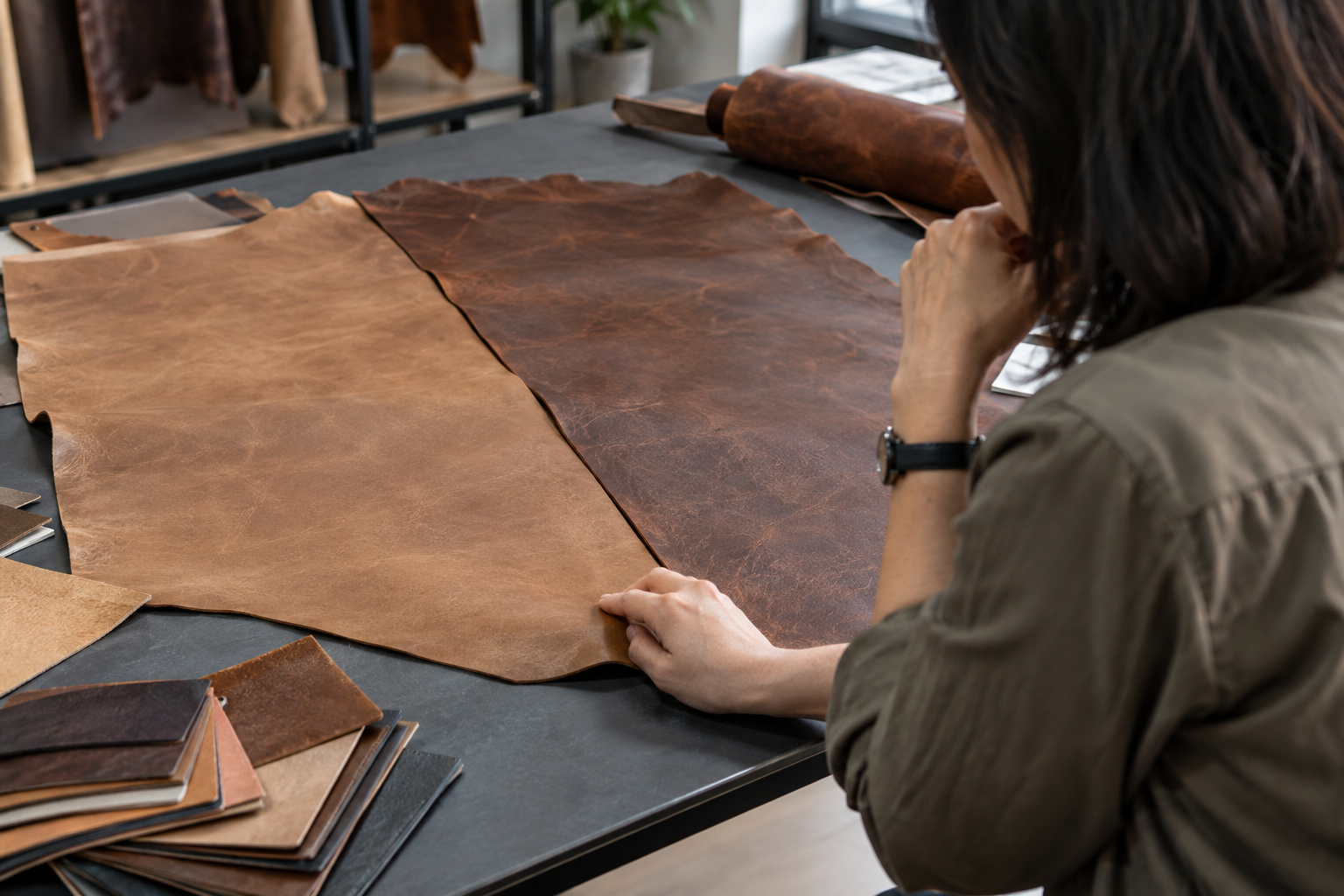 Buyer comparing two cowhide leather panels with visible shade difference