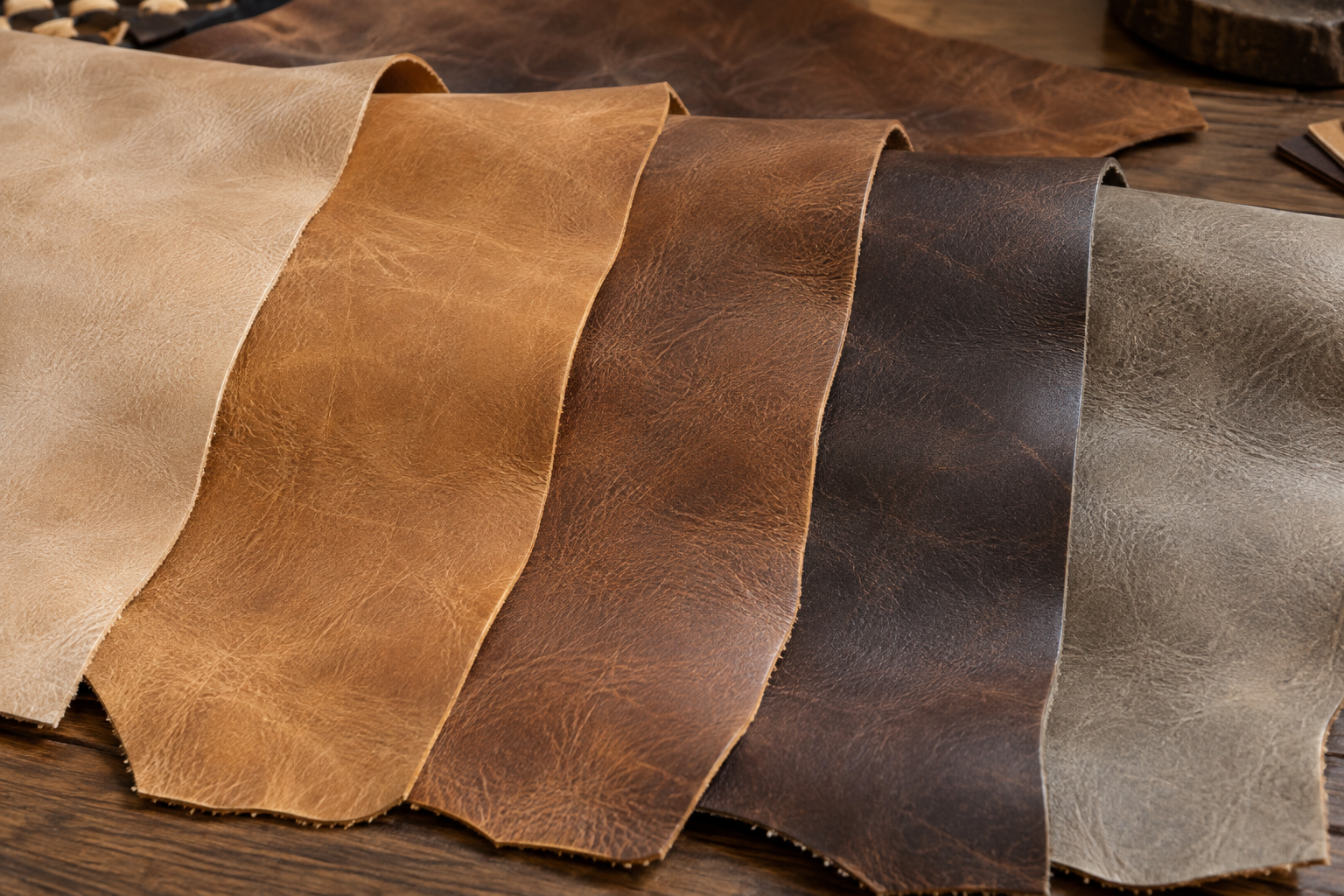 Natural cowhide leather swatches showing color variation
