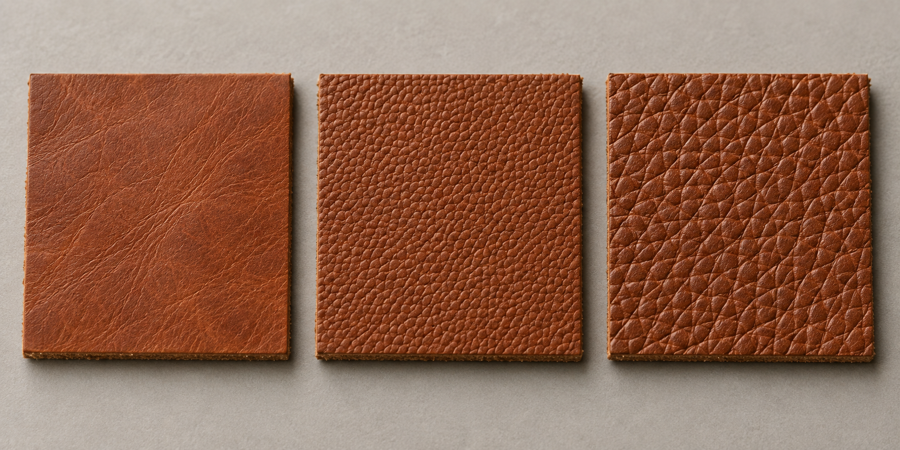 Natural, fine embossed and deep embossed leather grain comparison