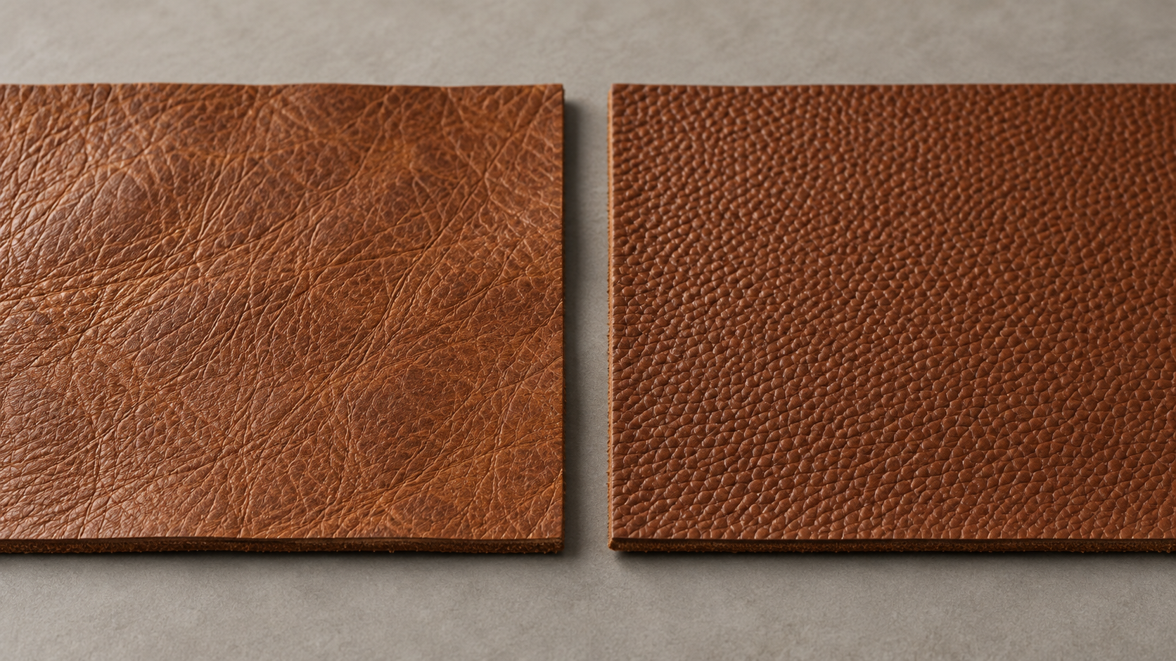 Side-by-side comparison of natural grain and embossed cognac leather